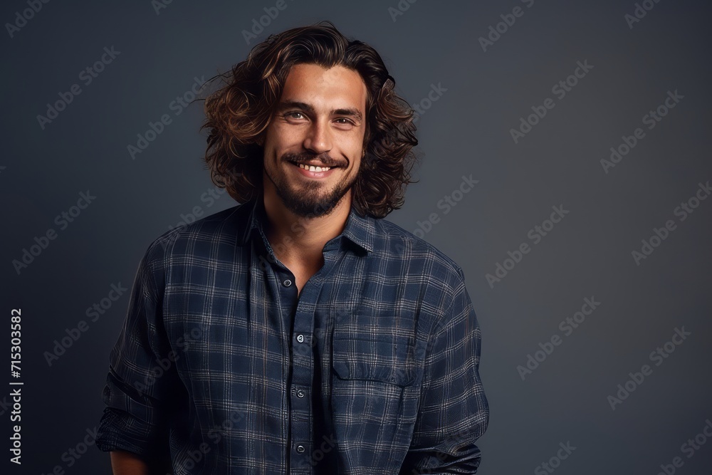 Portrait of a handsome young man with long curly hair smiling at camera. Portrait of a handsome young man with long curly hair smiling at camera.