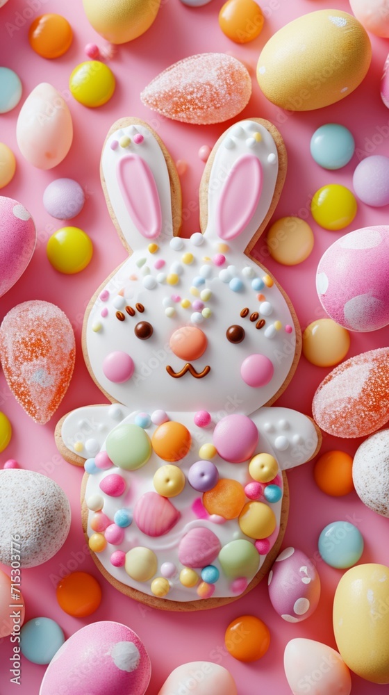 A close-up of a cheerful bunny-shaped Easter cookie surrounded by pastel-colored candies and festive decorations.