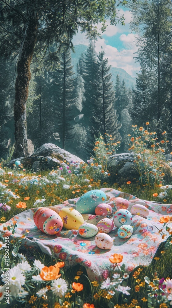 A cozy Easter picnic blanket adorned with colorful eggs, surrounded by blooming wildflowers and a lush forest backdrop.