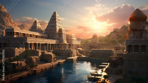AI-rendered scene of an ancient civilization blending historical accuracy with imaginative elements photo