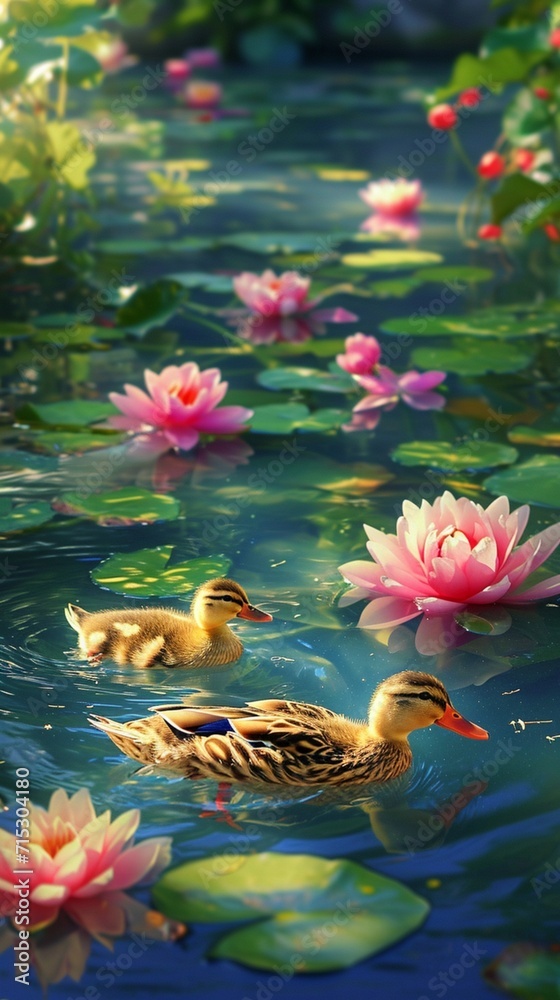 A happy family of Easter ducks swimming in a crystal-clear pond, surrounded by vibrant water lilies.