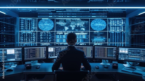 Professionals work in a high-tech security operations center, vigilantly monitoring and responding to real-time cybersecurity threats on multiple screens.
 photo