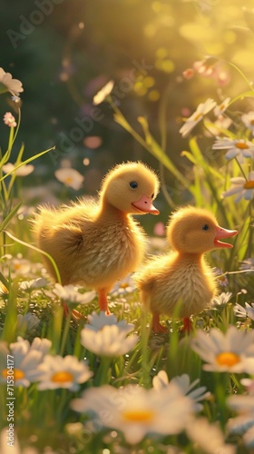 A heartwarming Easter moment with adorable ducklings exploring a field of daisies, their fluffy feathers shining in the sunlight.