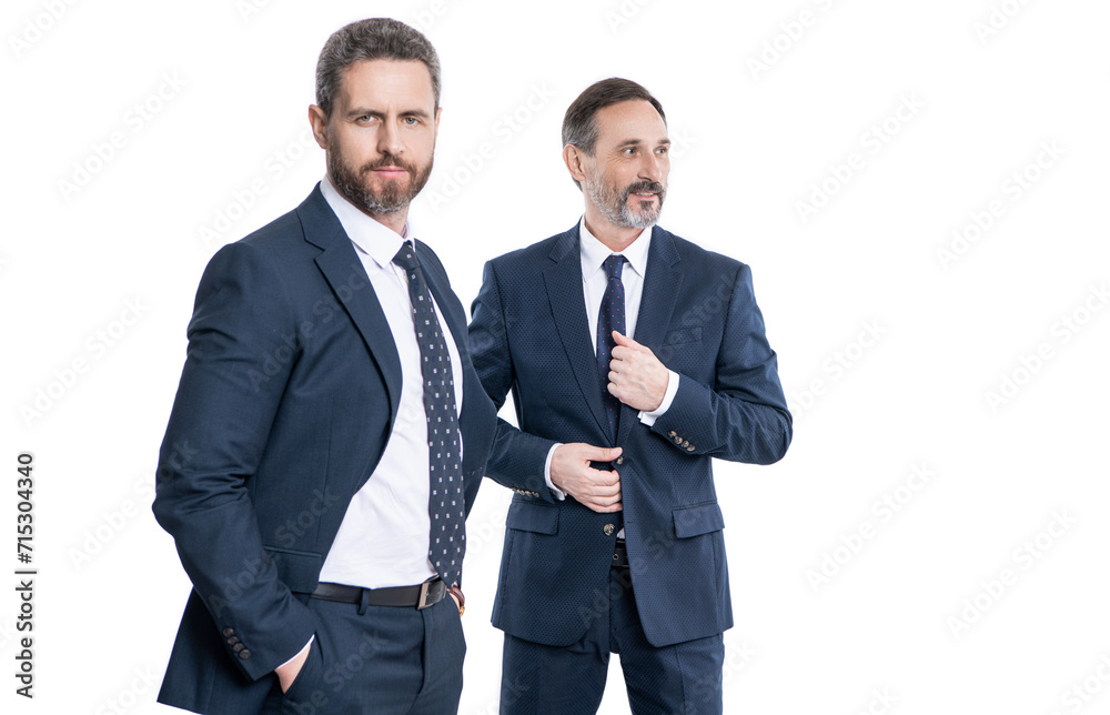 man leader representing leadership. successful businessman. business leader isolated on white. two business man in suit. businessman with coworker. business leadership and success. copy space