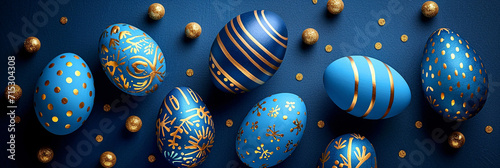 A group of Easter eggs with blue and gold decoration on a blue background. Flat lay, top view. Banner, card with place for text, religious holiday. Free copy space, illustration