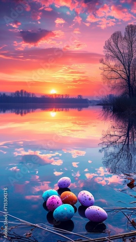 A joyful Easter morning sunrise over a tranquil lake, with reflections of decorated eggs on the calm water.
