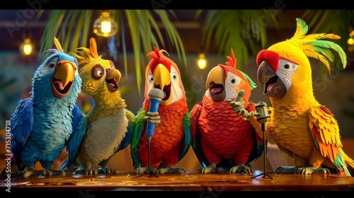 Cartoon scene A group of parrots sit at a table with one parrot holding a microphone and saying Why did the parrot refuse to tell jokes about chickens He didnt wan photo