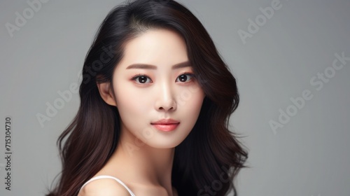 Beautiful Asian Chinese Woman Portrait Studio Photo Photography Profile Picture Young Model with Long Hair for Fashion Beauty Skincare Haircare Products on Gray Light Color Background 16:9