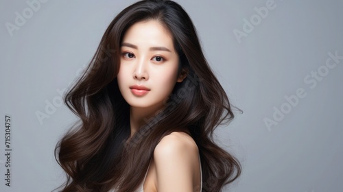 Beautiful Asian Chinese Woman Portrait Studio Photo Photography Profile Picture Young Model with Long Hair for Fashion Beauty Skincare Haircare Products on Gray Light Color Background 16:9