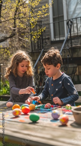 A picturesque Easter egg painting activity, with children happily creating colorful designs on eggs in a sunny backyard.