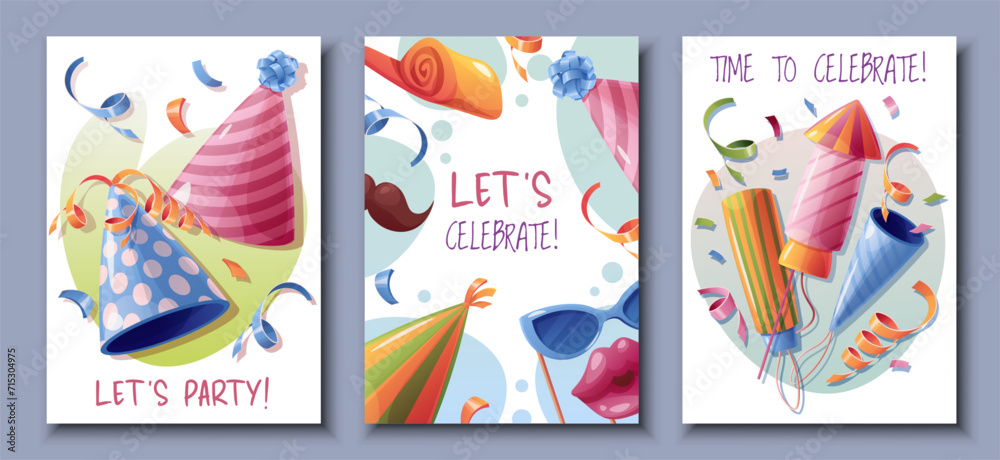 Set birthday greeting card design. Banner, flyer template with party hats, crackers, fireworks, confetti and serpentine. Happy birthday Invitation design for holiday, anniversary, party