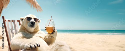 Anthropomorphic polar bear in sunglasses relaxes on a lounge chair on a tropical beach, holding a glass glass with a drink. Soft focus on background with palm trees and sea. Summer travel. Banner
