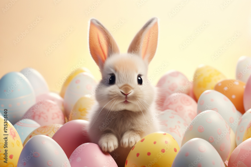 Cute red bunny among colorful Easter eggs with dots on a background of peach tones