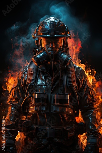 Epic shot, fire fighter in flames standing on a black background, in the style of game wallpaper, chromepunk, hdr, ultra realistic, light cyan and red, epic composition, epic pose, vibrant colors, ult © akimtan