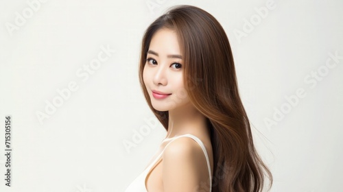 Beautiful Asian Chinese Woman Portrait Studio Photo Photography Profile Picture Young Model with Long Hair for Fashion Beauty Skincare Haircare Products on White Light Color Background 16:9