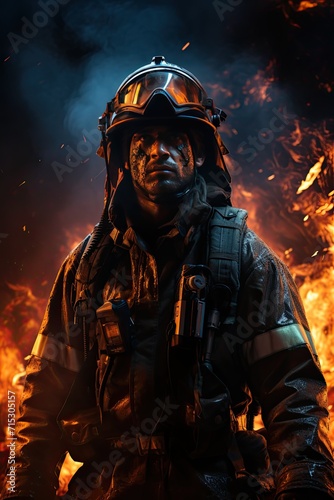 Epic shot  fire fighter in flames standing on a black background  in the style of game wallpaper  chromepunk  hdr  ultra realistic  light cyan and red  epic composition  epic pose  vibrant colors  ult