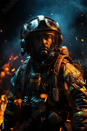 Epic shot, fire fighter in flames standing on a black background, in the style of game wallpaper, chromepunk, hdr, ultra realistic, light cyan and red, epic composition, epic pose, vibrant colors, ult © akimtan