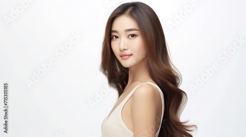 Beautiful Asian Chinese Woman Portrait Studio Photo Photography Profile Picture Young Model with Long Hair for Fashion Beauty Skincare Haircare Products on White Light Color Background 16:9