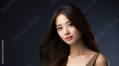 Beautiful Asian Chinese Woman Portrait Studio Photo Photography Profile Picture Young Model with Long Hair for Fashion Beauty Skincare Haircare Products on Dark Color Background 16:9