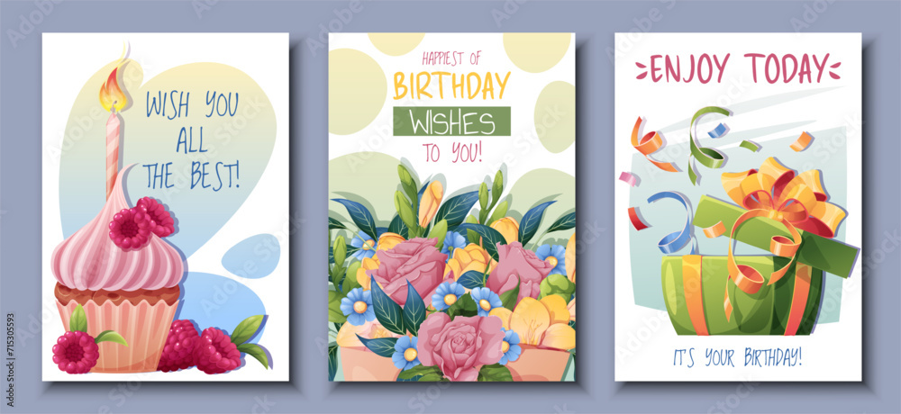 Set of birthday greeting card design. Banner, flyer with cupcake, flowers, gift box. Happy birthday Invitation design for holiday, anniversary, party.