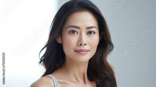 Beautiful Asian Japanese Woman Portrait Studio Photo Profile Picture Middle Age 40s Model with Long Hair for Fashion Beauty Skincare Haircare Health Products on Light Solid Color Background 16:9