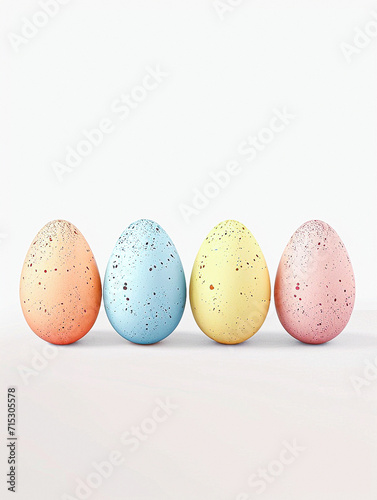 Multi-colored Easter eggs in pastel colors on a white background. Banner, greeting card, ornament. Free copy space, top view. Religious holidays concept. Vertical