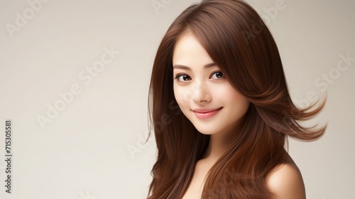 Beautiful Asian Japanese Woman Portrait Studio Photo Profile Picture Young Model with Long Hair for Fashion Beauty Skincare Haircare Health Products on Light Solid Color Background 16:9