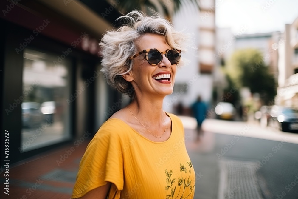 Closeup portrait of a beautiful happy woman with short hair wearing sunglasses