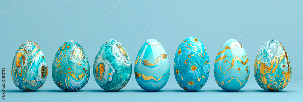 A group of Easter eggs with blue, turquoise and gold decor on a blue background. Flat lay, top view. Banner, card with place for text, religious holiday. Free copy space A group of Easter eggs with blue, turquoise and gold decor on a blue background. Flat lay, top view. Banner, card with place for text, religious holiday. Free copy space