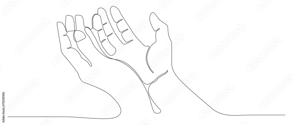 One continuous line drawing of hand in praying pose. both two raised hands up .doodle outline art line vector illustration. One continuous line drawing of hand in praying pose. both two raised hands up .doodle outline art line vector illustration.