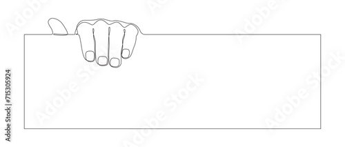 One continuous line drawing of hand holding a board rectangle. Doodle outline vector illustration