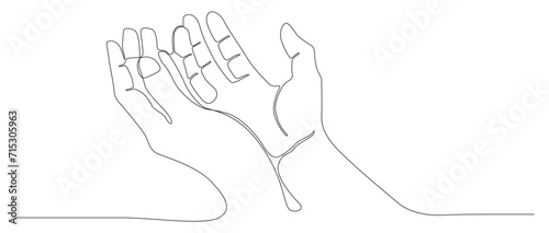 One continuous line drawing of hand in praying pose. both two raised hands up .doodle outline art line vector illustration.
