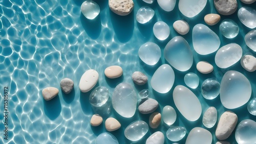 pale blue, transparent and white stones against a background of blue water. Space for copy or presentation of a natural or moisturizing product.