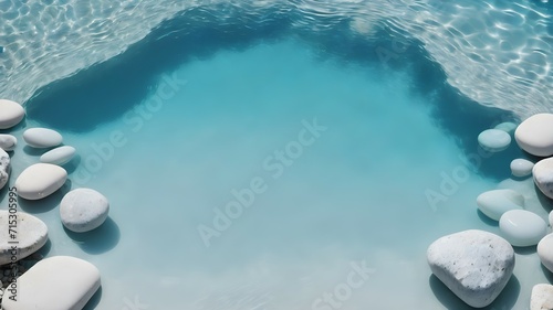Pale blue and white stones against a background of transparent blue water. Space for copy or presentation of a natural or moisturizing product.	