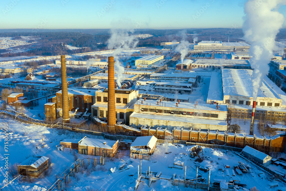 Winter top view of the metallurgical plant and industrial zone