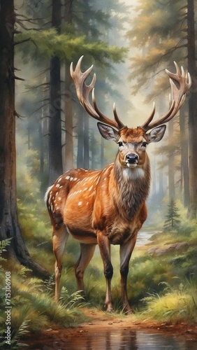 close-up of a watercolor deer in its natural forest habitat