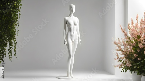 A white female mannequin stands on a white background with plants. Background for product presentation	 photo