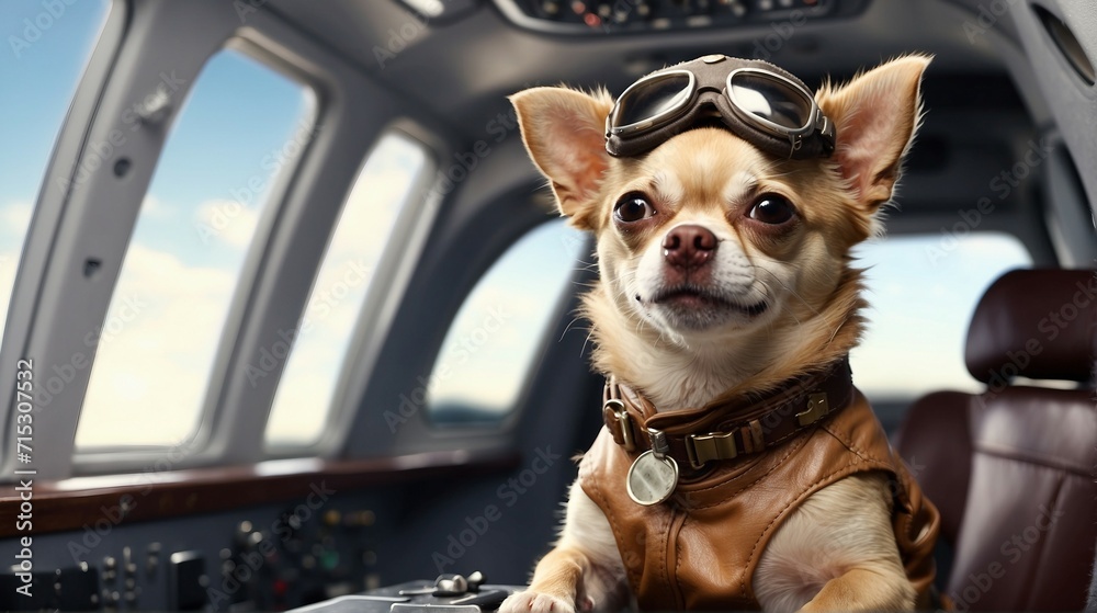 a portrait photo of a chihuahua dressed as a pilot, seated in the