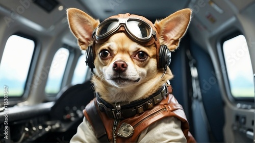 a portrait photo of a chihuahua dressed as a pilot, seated in the cockpit of a commercial airliner. © noah