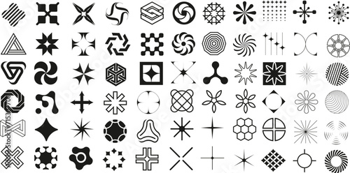 Retro futuristic elements for design, Y2K shapes, brutalist abstract geometric shapes set, Templates for notes, posters, banners, stickers, business cards