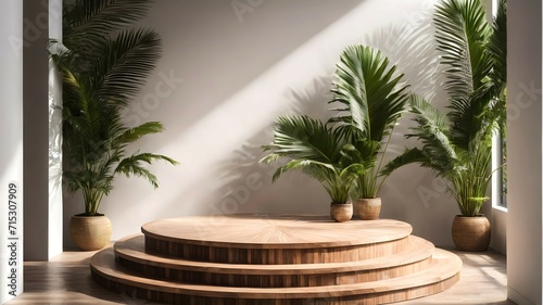 Natural wooden podium decorated with plants for product presentation on a beige background. Natural tropical mood