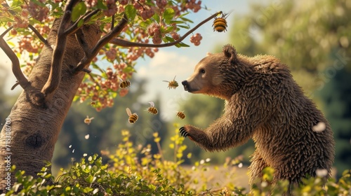 A mischievous bear trying to use a cherry tree as a ladder to steal honey from a beehive only to have the tree spring back like a catapult photo