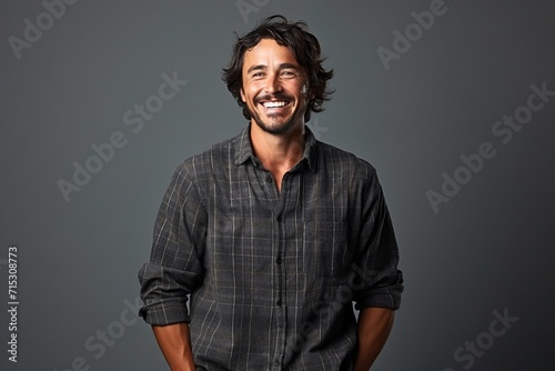 young handsome hipster man posing in studio, smiling and looking at camera photo
