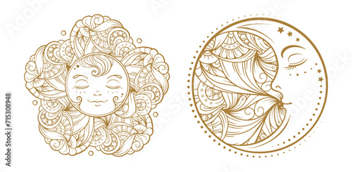 Ethnic sun and moon symbols. Temporary tattoo set.