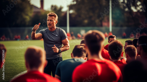 Wallpaper Mural A serious coach in a sports uniform communicates with the team on the soccer field, showing the "it's okay" gesture. A symbol of support and approval. Psychology of Sports. Team spirit and success Torontodigital.ca