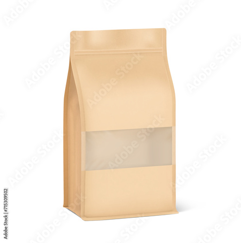 Vertical kraft flat bottom gusset bag with zip lock mockup. Half side view.  Vector illustration isolated on white background. Ready for use in presentation, promo, advertising and more. EPS10.