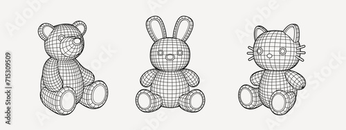 Y2k grid wireframe bear bunny cat toy. Geometry cyberpunk shapes in neon pink color.
