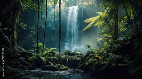 In midday  a tropical forest with a waterfall