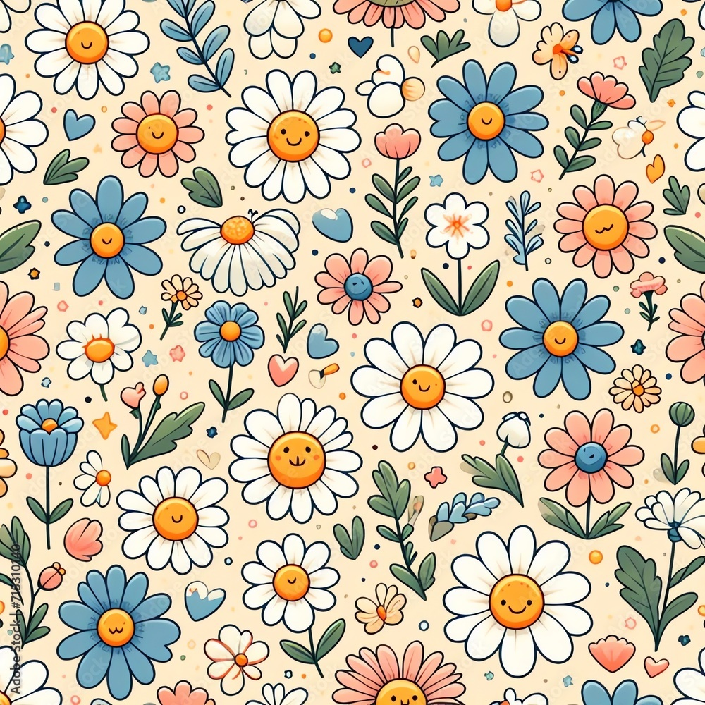 Vibrant Smiling Blooms: A Cheerful Colorful Floral Pattern