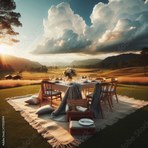 A romantic arrangement of a table in the glade. It s a romantic concept.